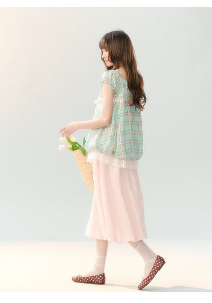 "Mint Peach Whisper" Mint Green Plaid Embroidered Skirt Set LL2026196