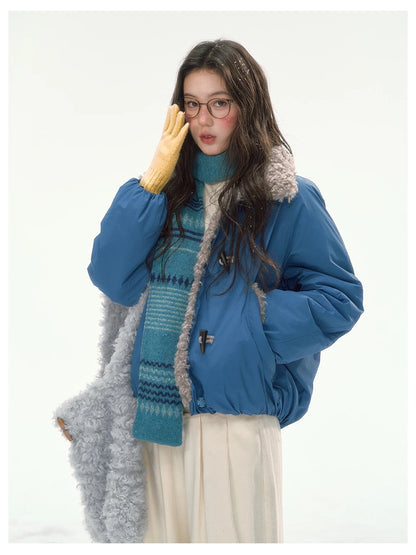 CANSTORE - "Cobalt Snowfall" Cobalt Blue Cropped Toggle Coat with Plush Trim