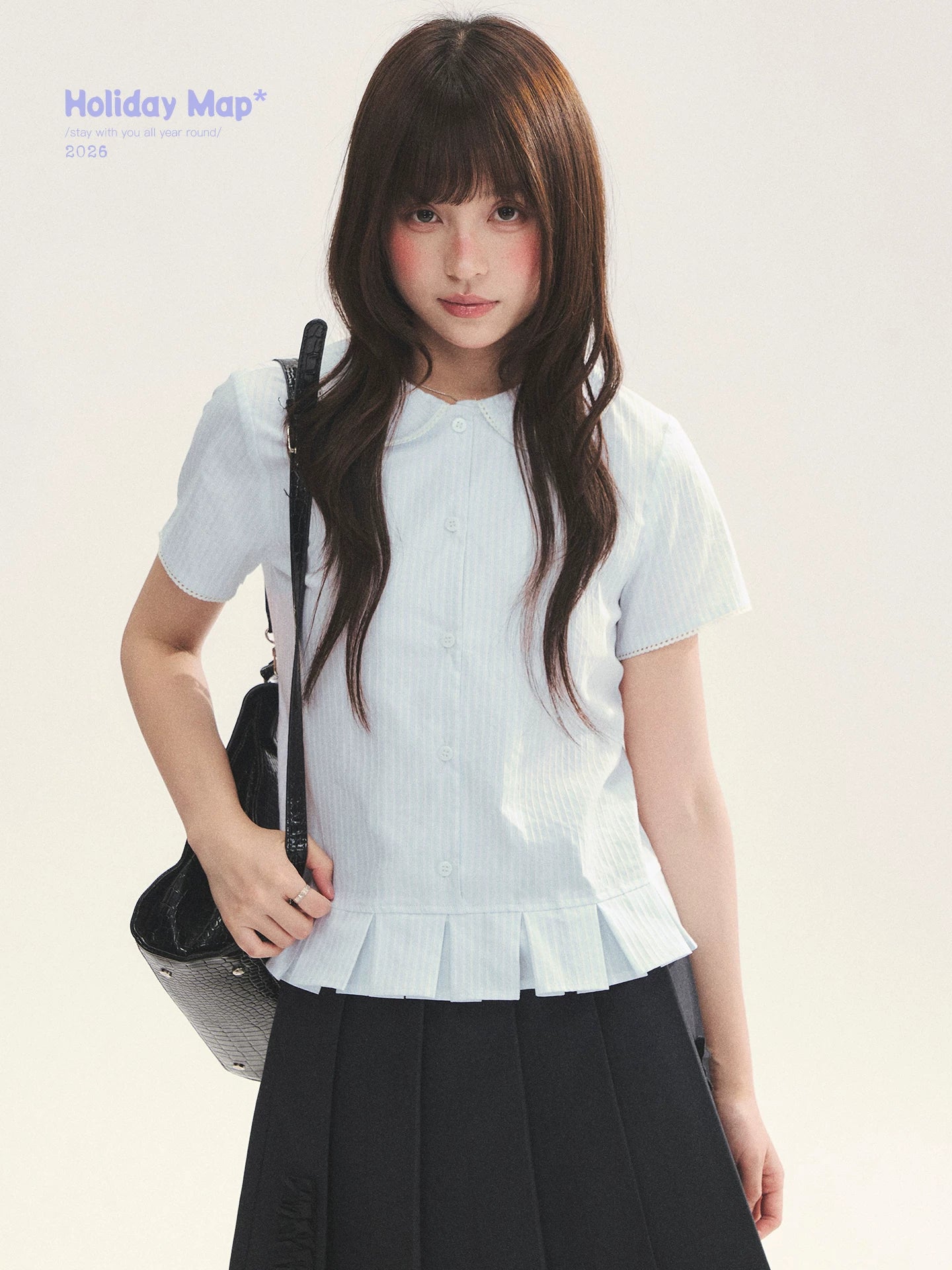 "Citrus Sea Salt" Stripe Lace Peter Pan Collar Pleated Shirt (White Blue / Blue White)
