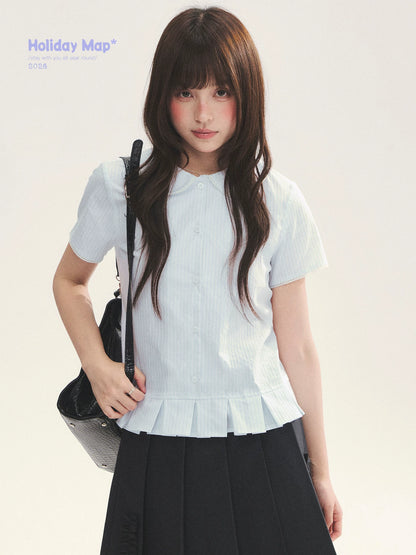 "Citrus Sea Salt" Stripe Lace Peter Pan Collar Pleated Shirt (White Blue / Blue White)