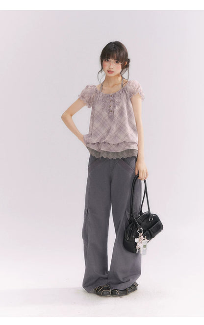 “Misty Plum Plaid” Gray-Purple Plaid Lace Trim Halter Top