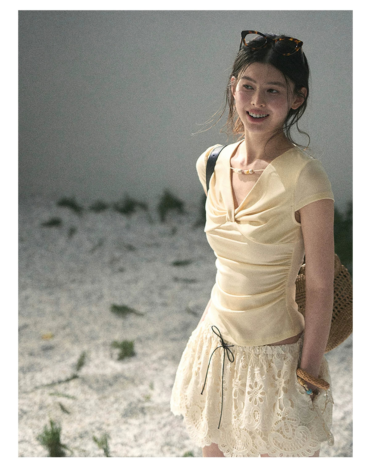 “Sheer Spring Whisper” Milkshake Yellow Twist V-Neck Top