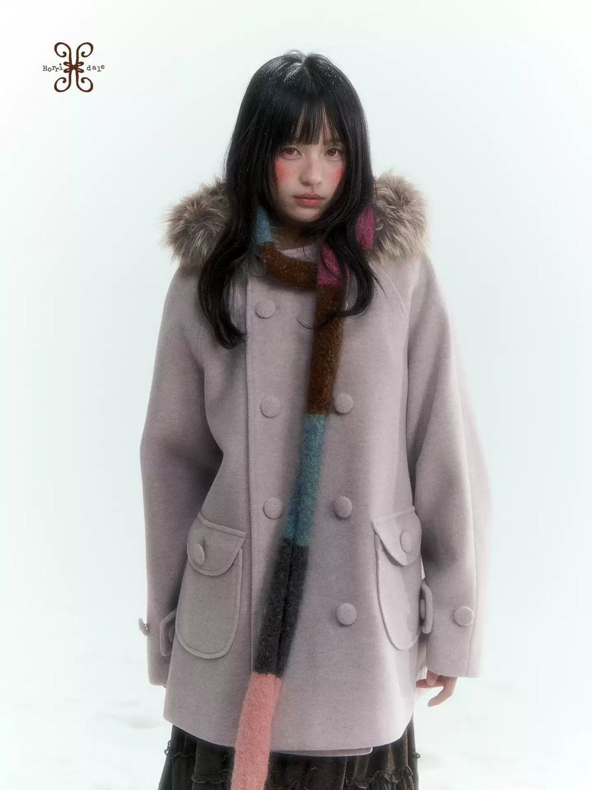 Japanese Hooded Double-Breasted Wool Coat (Deep Charcoal Gray / Taro Purple)