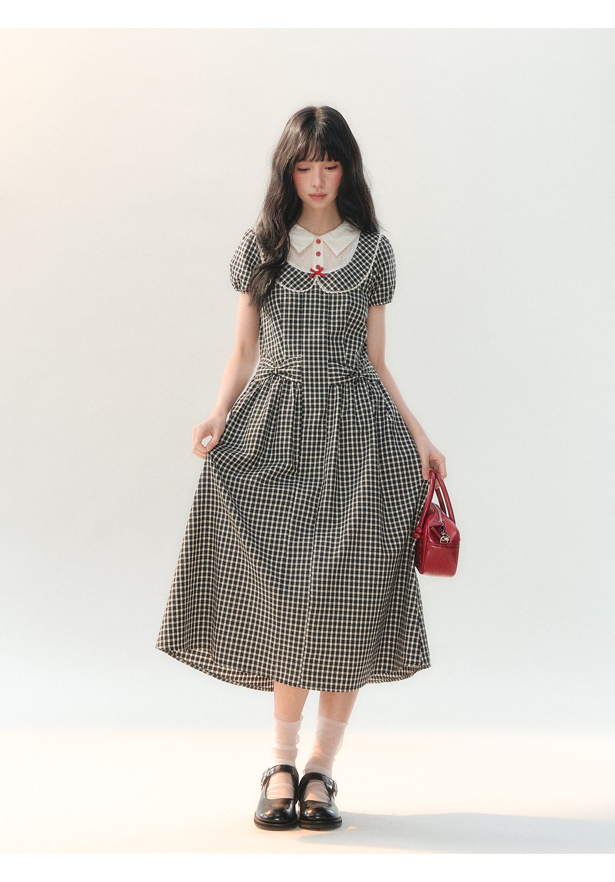 [CAN] "Black Cherry Check" Black Bow Doll Collar Dress