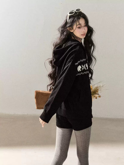AOMALM - Black Hooded Knit Set with Polar Bear Jacquard