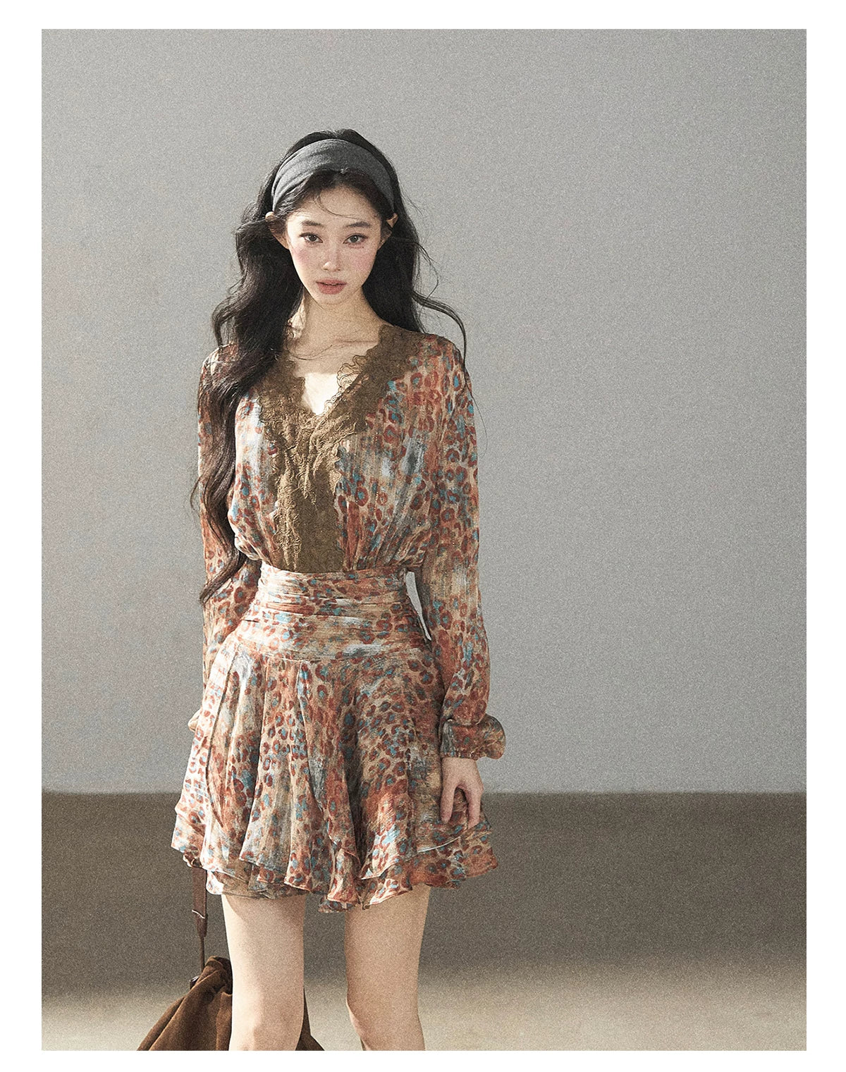 AOMALM - “Whispers of Withered Branches” Rich Cocoa French Lace Chiffon Mini Dress with Tights