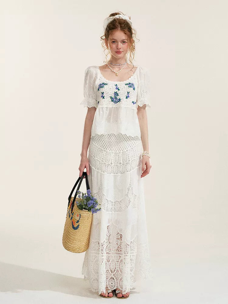 White Floral Embroidery Crochet-Detail Blouse