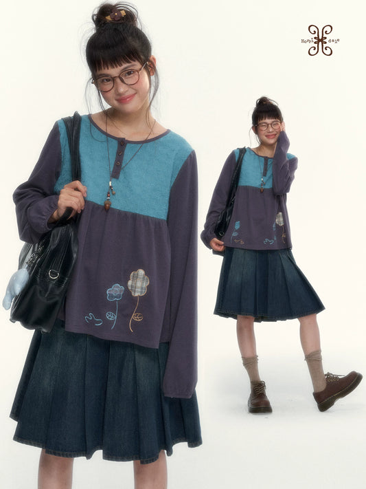 “Colorful Garden” Lake Blue & Purple Gray Floral Embroidered Long-Sleeve T-Shirt