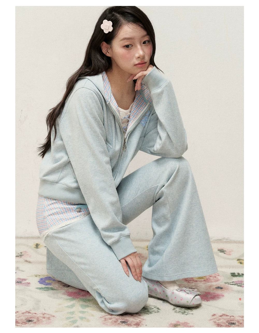 [RF] Soft Gingham Color-Block Hoodie and Flare Pants Set (Blue / Mauve)
