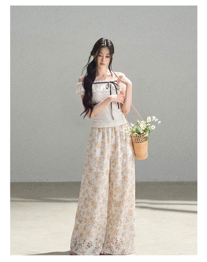 AOMALM - "A Cloud in Bloom" Primrose Yellow Floral Embroidered Lace Wide-Leg Pants