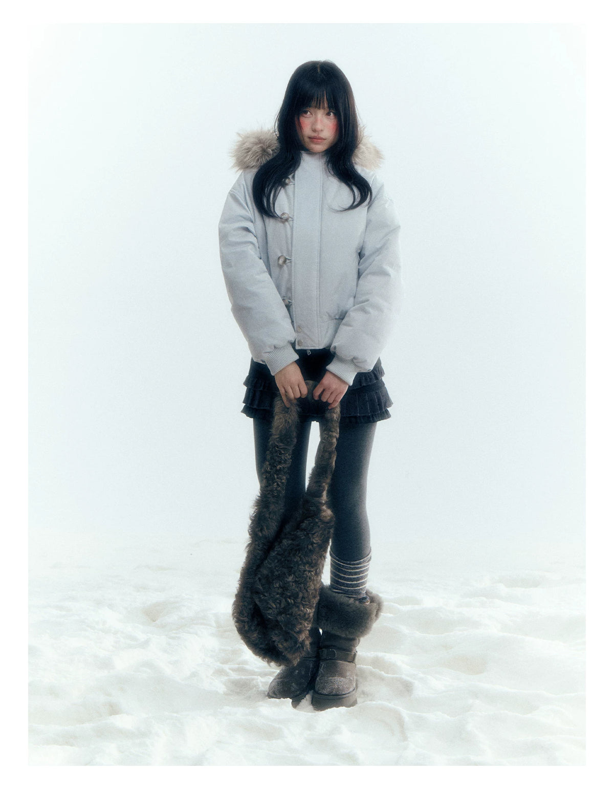 Horridale - Mist Blue Hooded Down Jacket with Detachable Faux Fur Collar