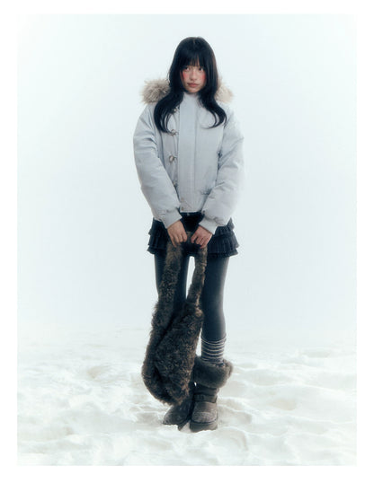 Horridale - Mist Blue Hooded Down Jacket with Detachable Faux Fur Collar