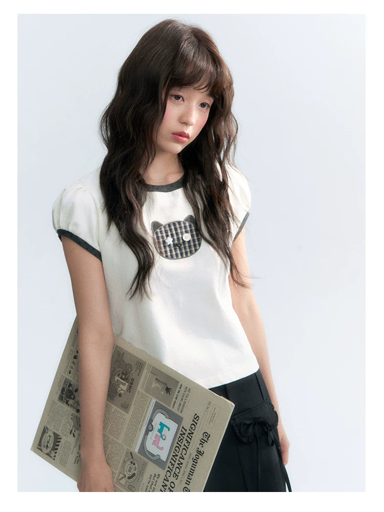 "Hide and Seek" Ivory Cat Patchwork Embroidered Puff Sleeve T-Shirt