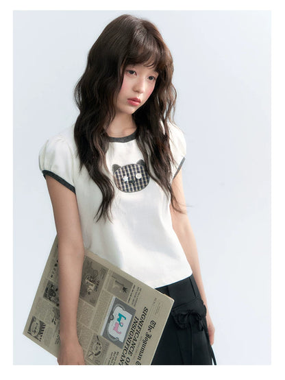 "Hide and Seek" Ivory Cat Patchwork Embroidered Puff Sleeve T-Shirt