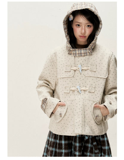 [RF] Floral Heather Beige Apricot Plaid-Trim Hooded Duffle Coat