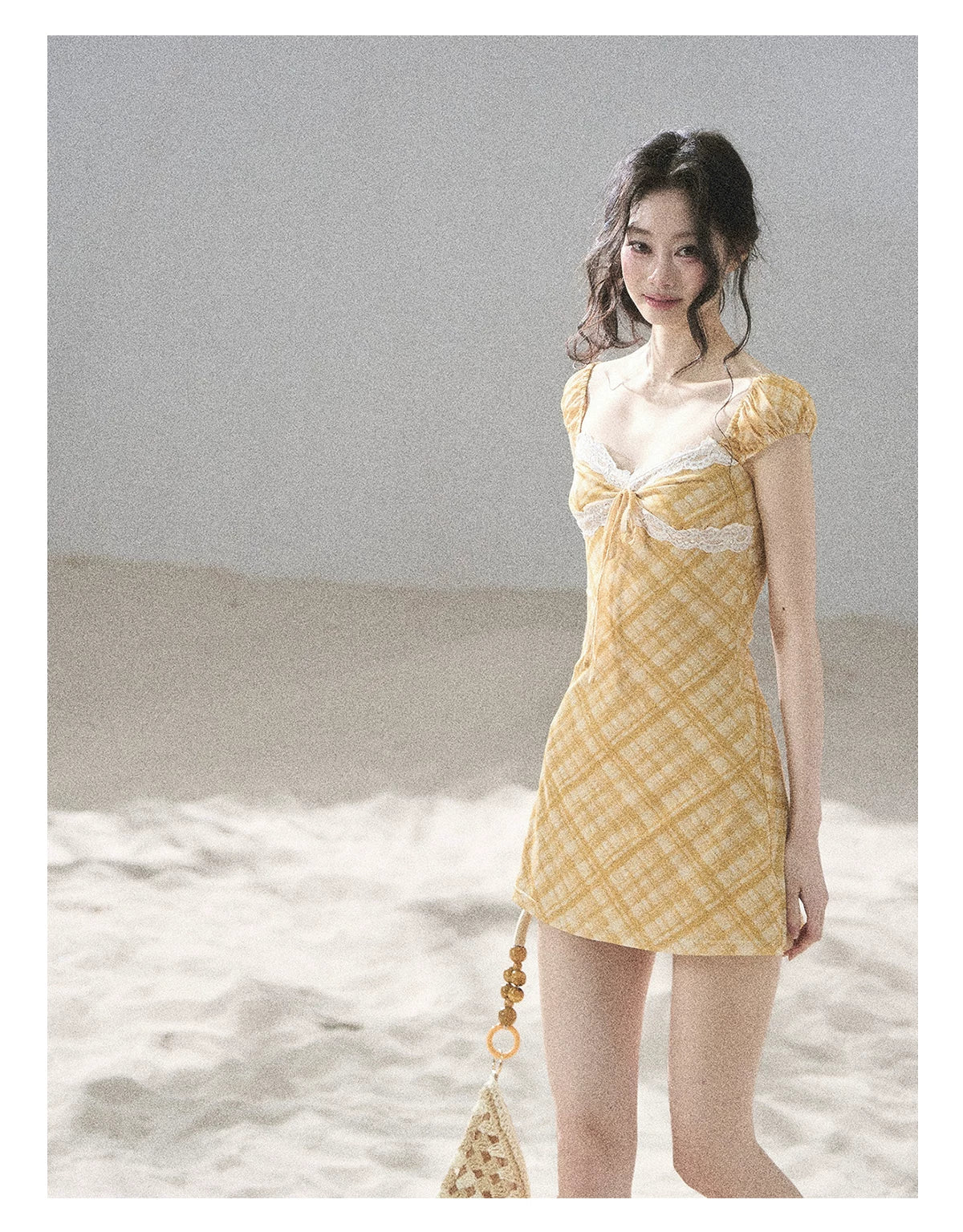 "Golden Wheat Whisper" Goose Yellow Lace Diamond Mini Dress