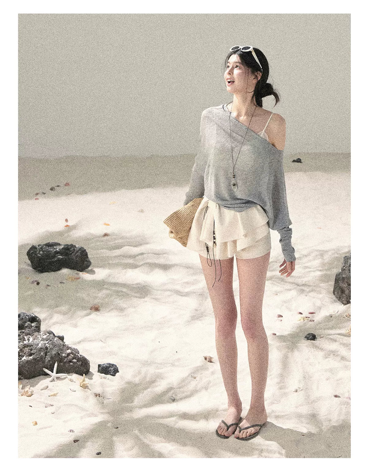 "Misty Veil Whisper" Cloud Trail Gray Off-Shoulder Sheer Sun Protection Top 5345634