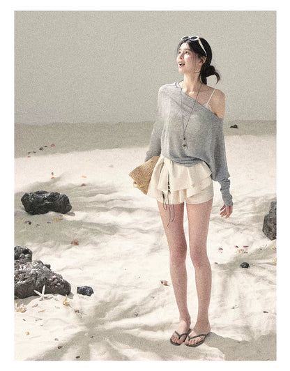 "Misty Veil Whisper" Cloud Trail Gray Off-Shoulder Sheer Sun Protection Top 5345634
