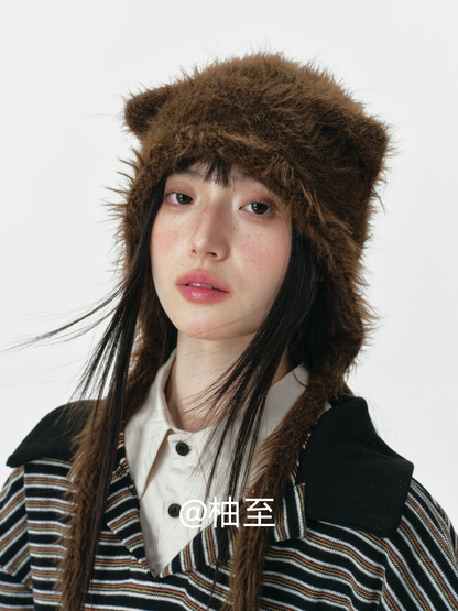 Chocolate Brown Plush Cat Ear Hat – Cozy Ear-Warmer Beanie