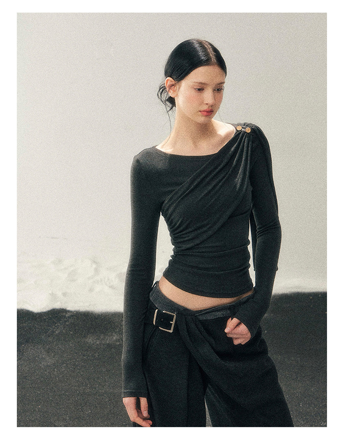 181225 “She Is Lighter Than the Wind” Streamer-Neck Top - Deep Rock Gray