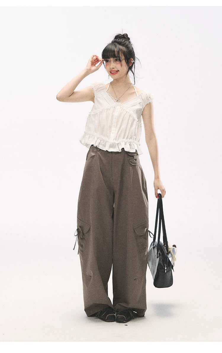 "French Meadow Romance" Ivory Lace Trim Halter Tie V-Neck Cotton Blouse