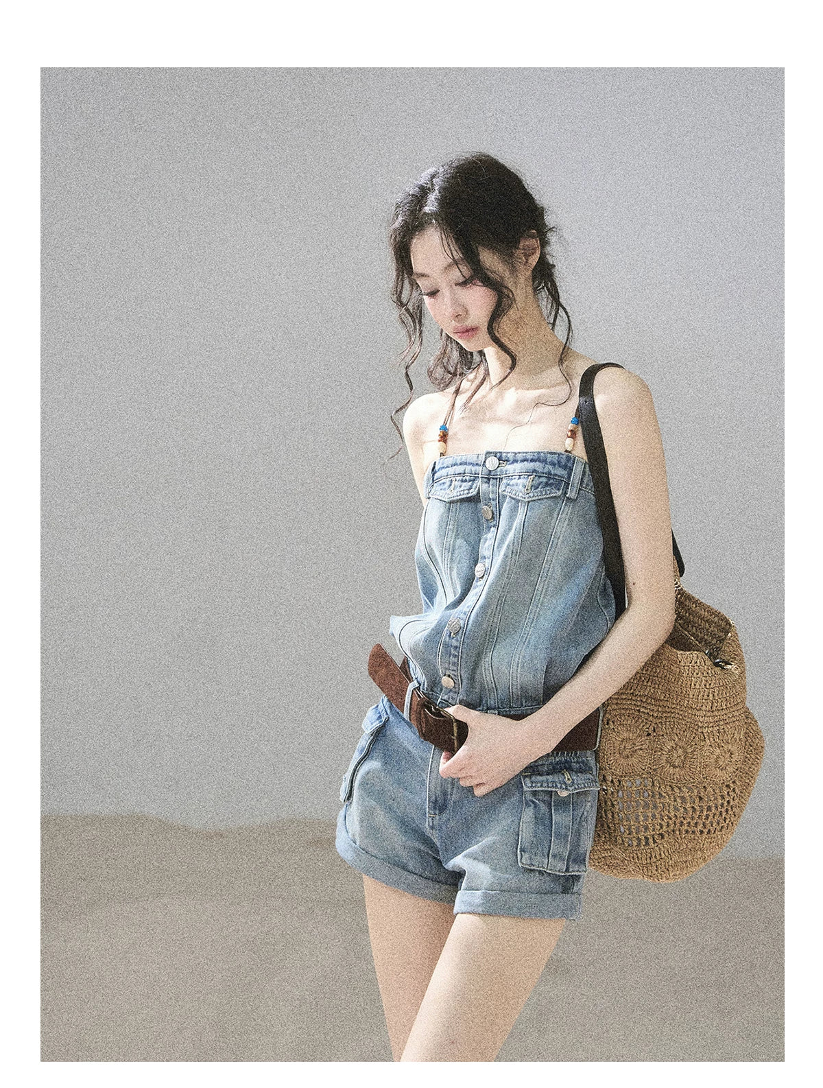 "A Walk by the Sea" Collegiate Blue Denim Utility Romper (With Belt)