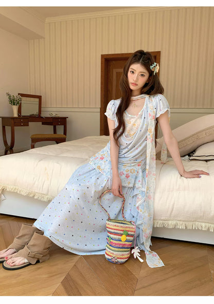 “Sea Salt Blossom Letter” Baby Blue Layered Skirt Set