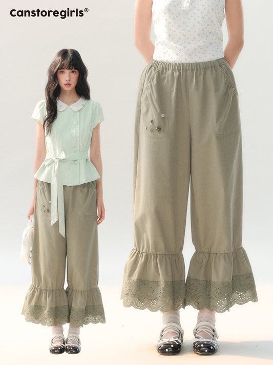 170726C "Palm Explorer" Olive Green Ruffle Hem Cropped Pants