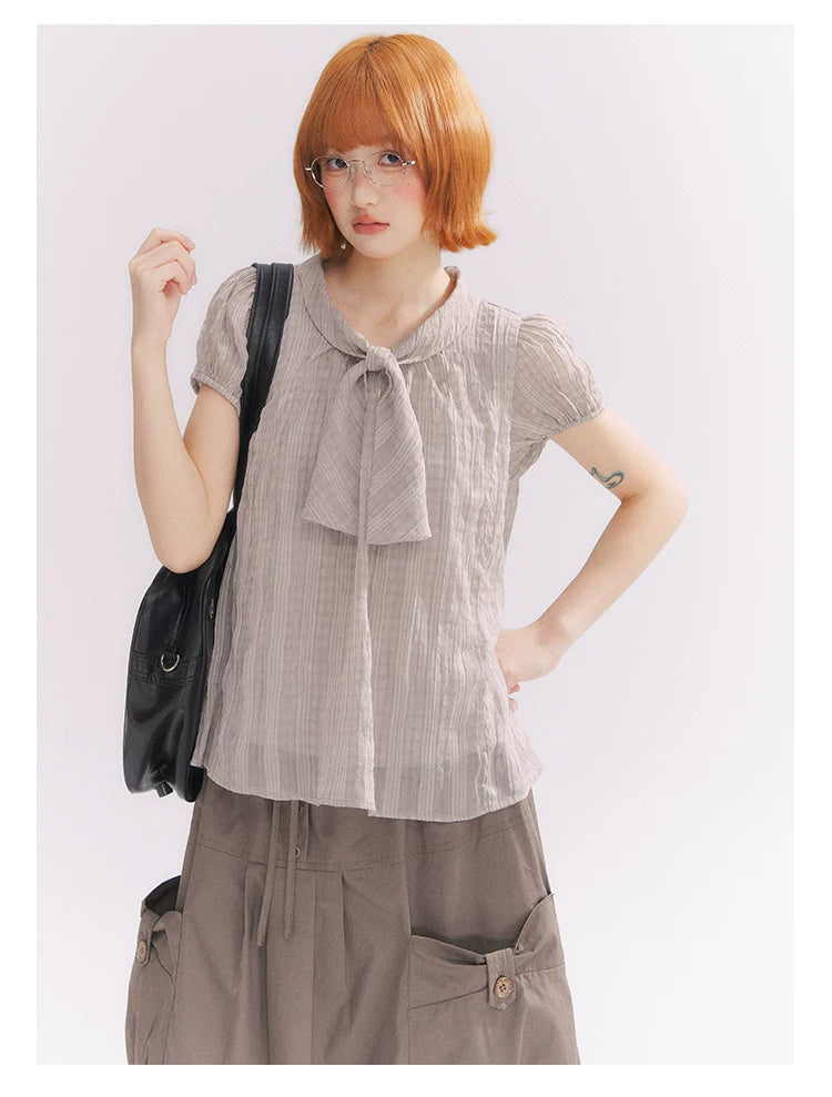 “Formatted Memories” Gray Plaid Textured Bow Tie Puff Sleeve Blouse