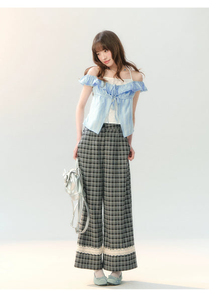"Gray Cloud Flurry" Plaid Lace Hem Wide-Leg Pants SH2026205