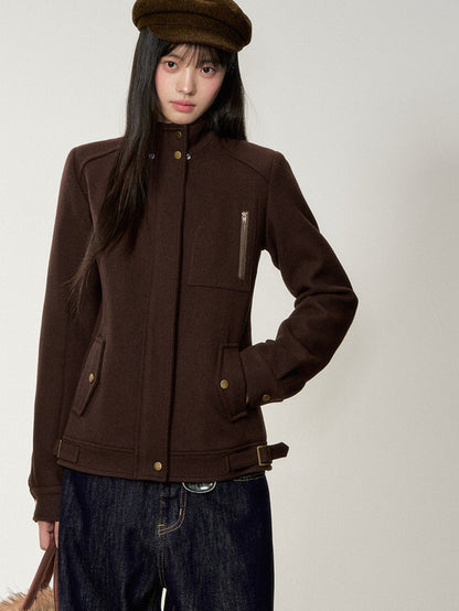 Soote Season - "Deep Roast" Twill Wool Fur-Collar Cinched Jacket