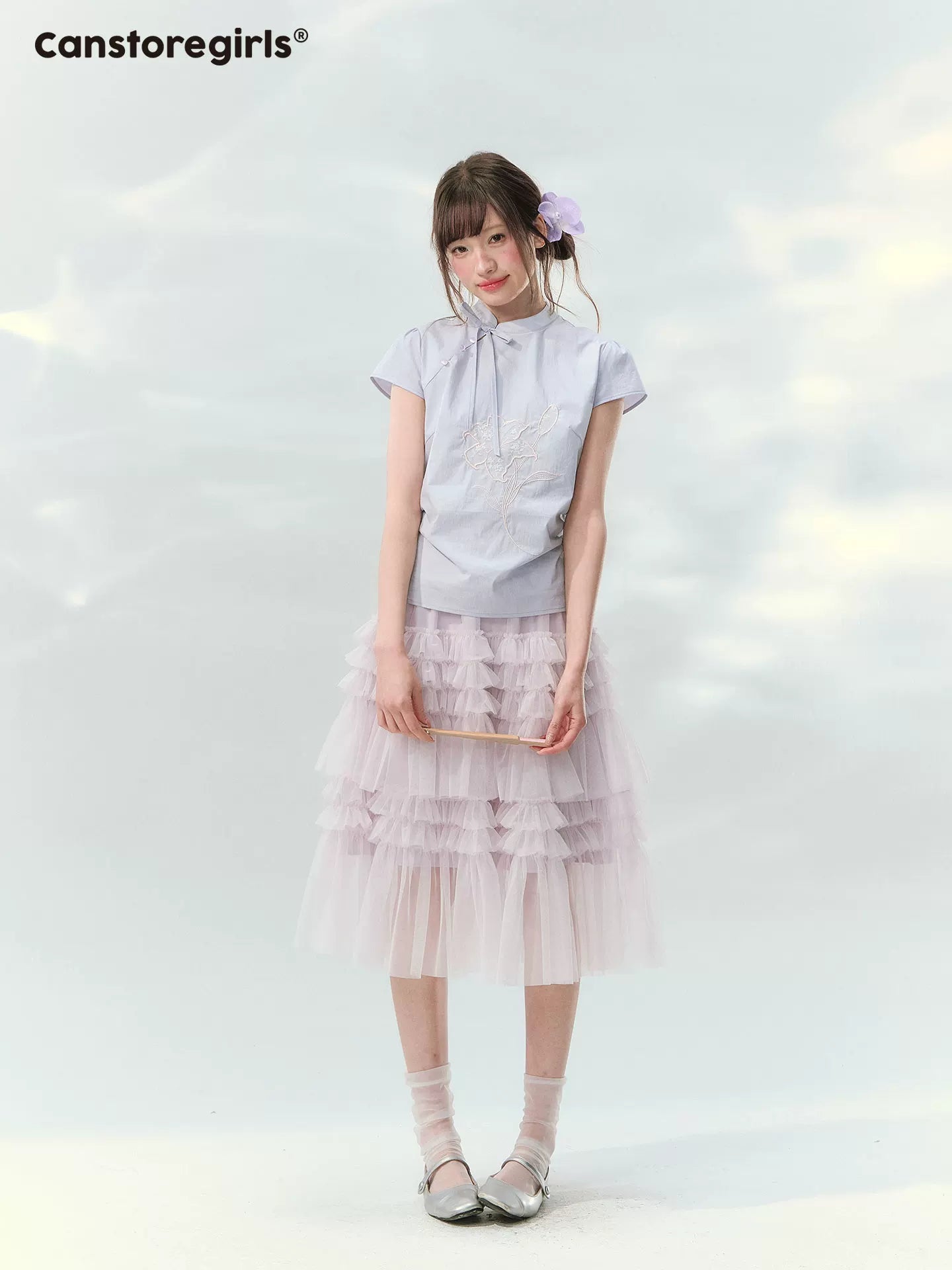 “Lilac Embroidered Whisper” Orchid Purple Mandarin Collar Blouse