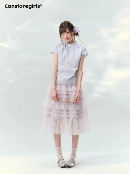 “Lilac Embroidered Whisper” Orchid Purple Mandarin Collar Blouse