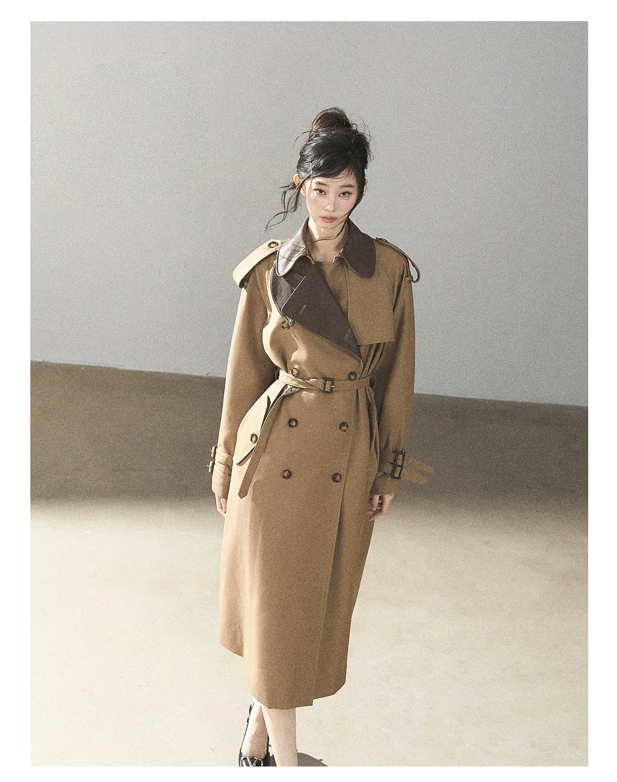 AOMALM - Chestnut Brown Long A-Line Trench Coat with Belt