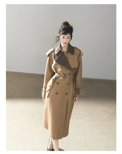 AOMALM - Chestnut Brown Long A-Line Trench Coat with Belt