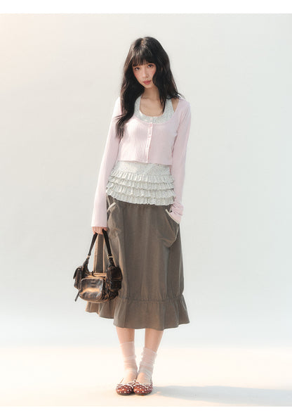 170726C "Sage Meadow" Grey Green Lace Pocket Culotte Skirt