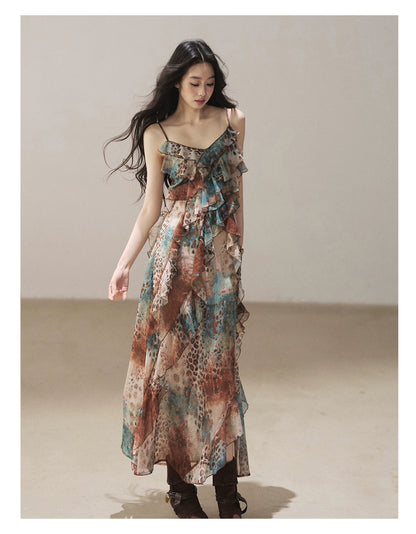 "She Never Looks Back" Peacock Blue Leopard Chiffon Maxi Dress