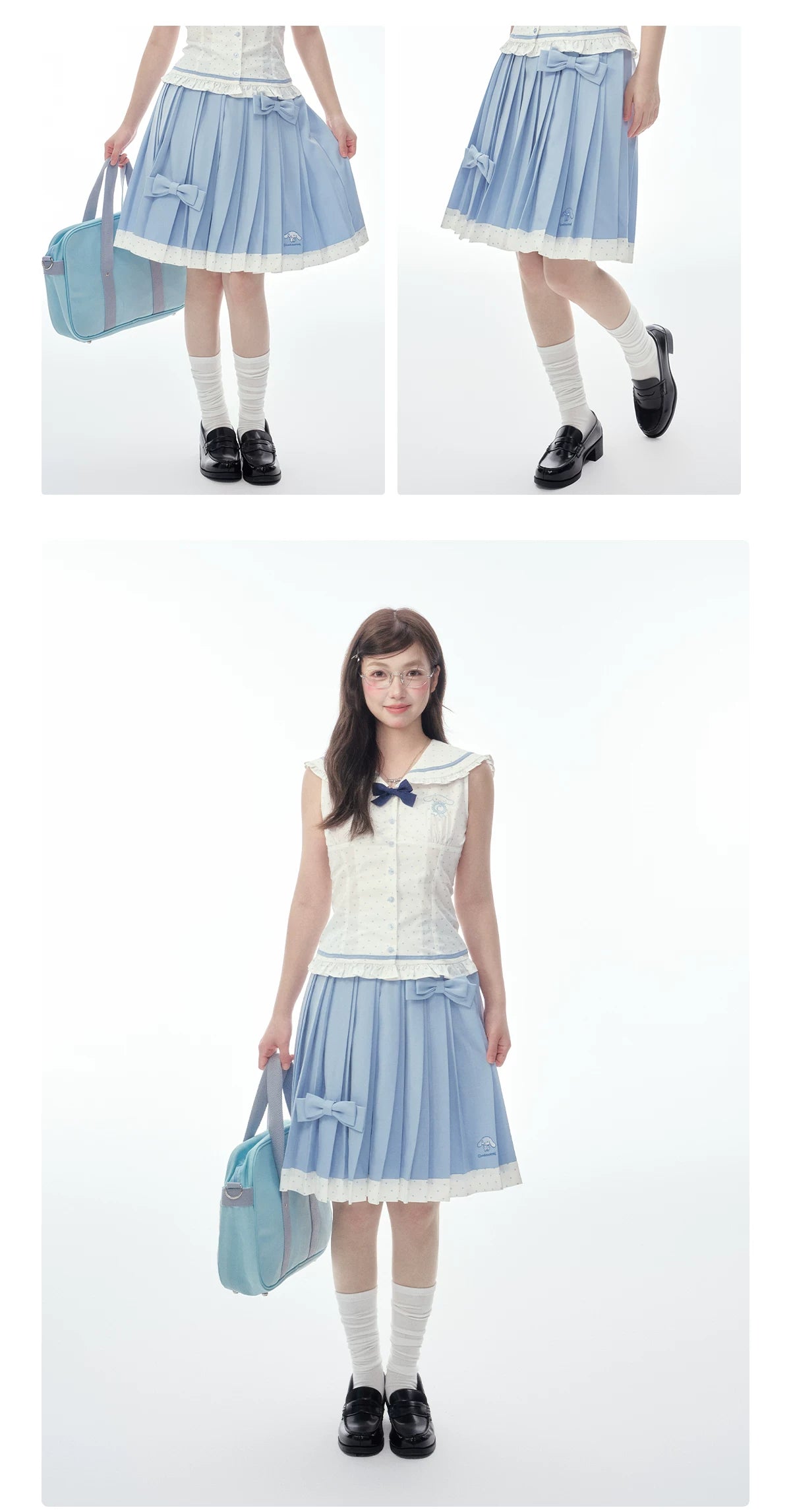 Sleeveless Polka Dot Sailor Collar Shirt & Light Blue Contrast-Trim Skirt