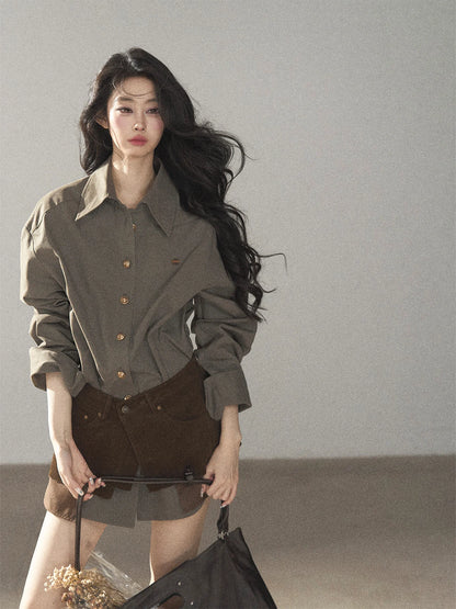 AOMALM - "Autumn Botanicals" Sage Green Striped Shirt & Wrap Faux Half-Skirt Set