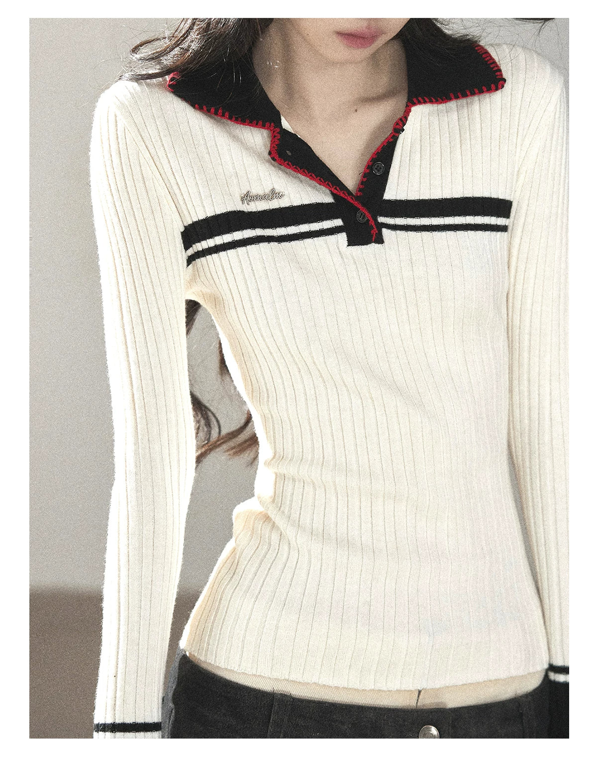 AOMALM - "Soft Moonlight" Cream Almond White American Long-Sleeve Polo Knit Top