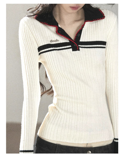 AOMALM - "Soft Moonlight" Cream Almond White American Long-Sleeve Polo Knit Top