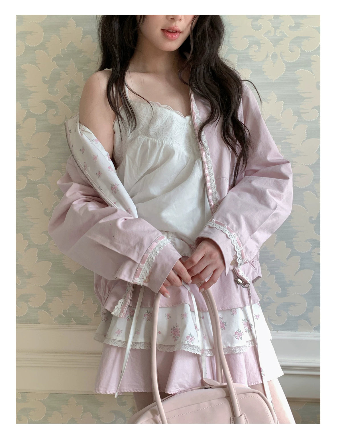 [RF] “Blush Meadow” White & Pink Floral Reversible Jacket and Mini Skirt Set