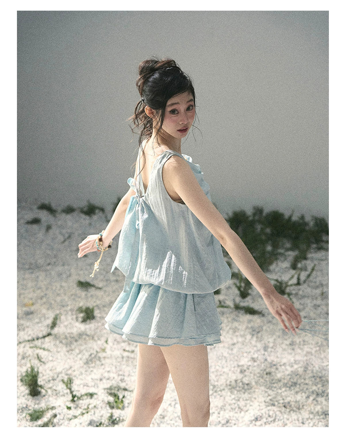 “Whispering Grass” Moonlight Blue Twist Mini Dress