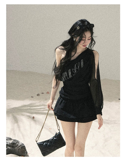"Scattered Starlight" Midnight Black Off-Shoulder Mesh Waist-Cinched Top