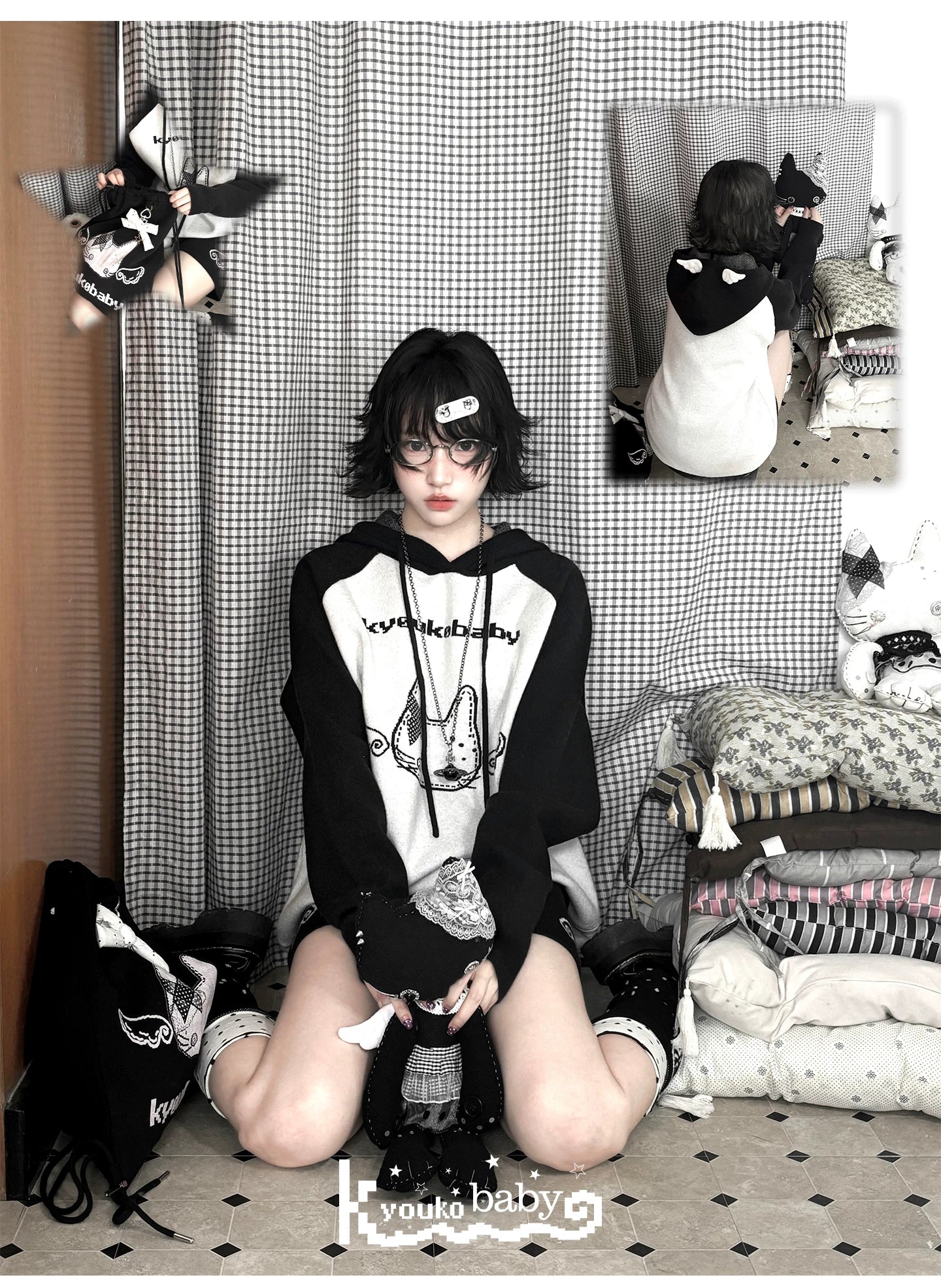 Angel Wing Details Printed Oversized Knit Hoodie & Shorts Set