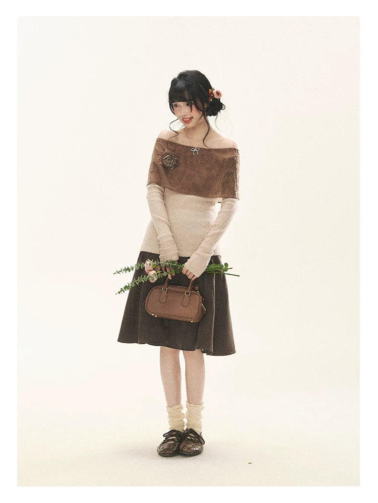 "Vintage Contrast" Brown Apricot Off-Shoulder Floral Knit Top