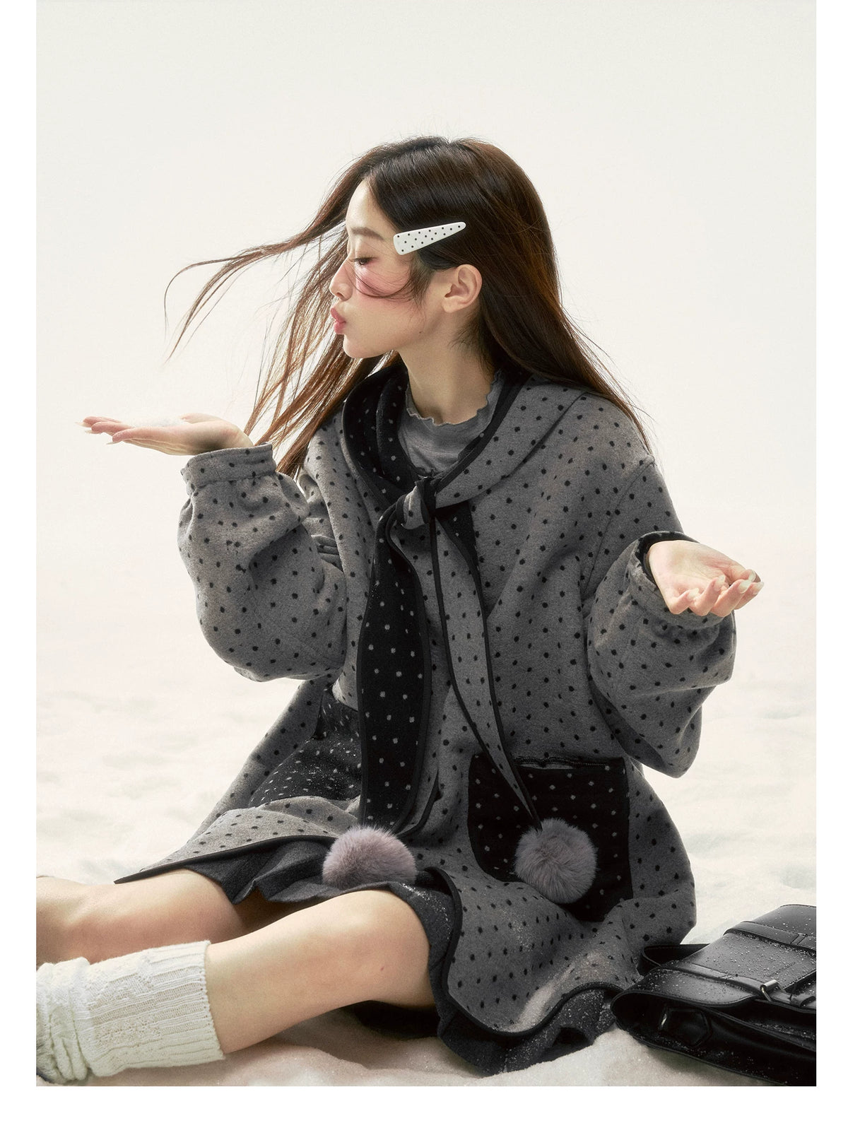 BIBIBENCY - Gray & Black Reversible Polka Dot Wool-Look Coat