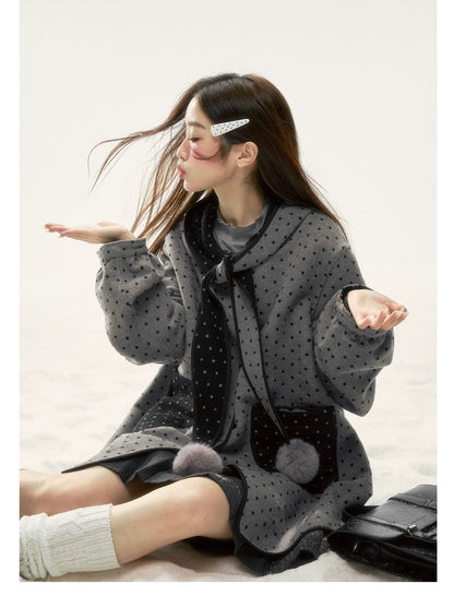 BIBIBENCY - Gray & Black Reversible Polka Dot Wool-Look Coat