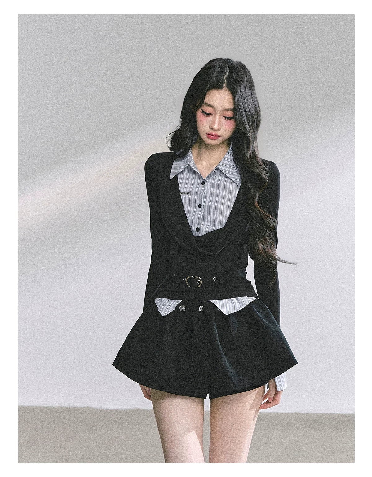 AOMALM - "Top of the Class" Navy & Black-Gray Striped Layered Long Sleeve Top (Navy / Black-Gray)