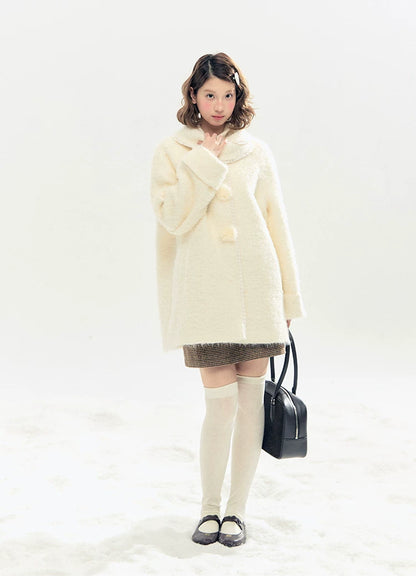 "Snow-Kissed Sakura" Ivory Wool-Blend Quilted Mid-Length Coat with Detachable Plush Flowers